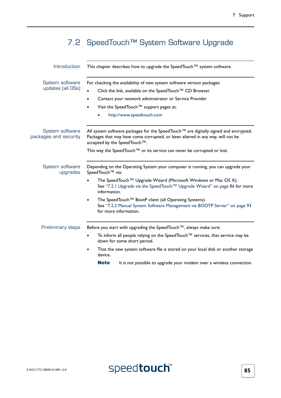 2 speedtouch™ system software upgrade, Introduction, System software updates (all oss) | System software packages and security, System software upgrades, Preliminary steps, Speedtouch™ system software upgrade | RCA 580 User Manual | Page 87 / 104