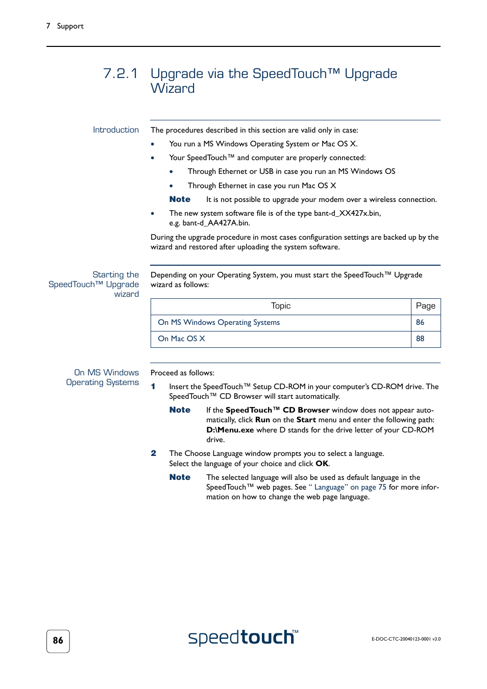 1 upgrade via the speedtouch™ upgrade wizard, Introduction, Starting the speedtouch™ upgrade wizard | On ms windows operating systems, Upgrade via the speedtouch™ upgrade wizard | RCA 580 User Manual | Page 88 / 104