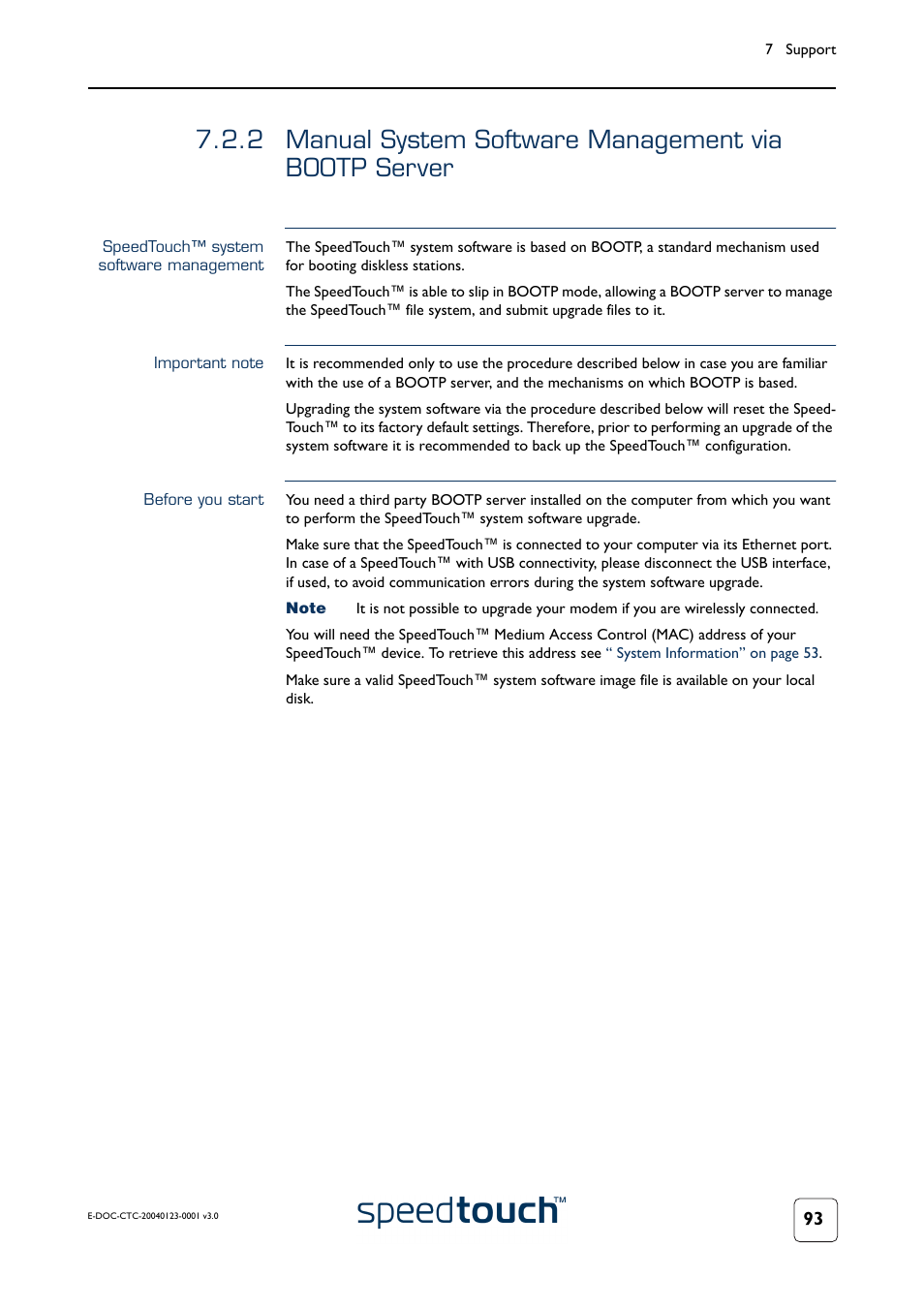 Speedtouch™ system software management, Important note, Before you start | Manual system software management via bootp server | RCA 580 User Manual | Page 95 / 104