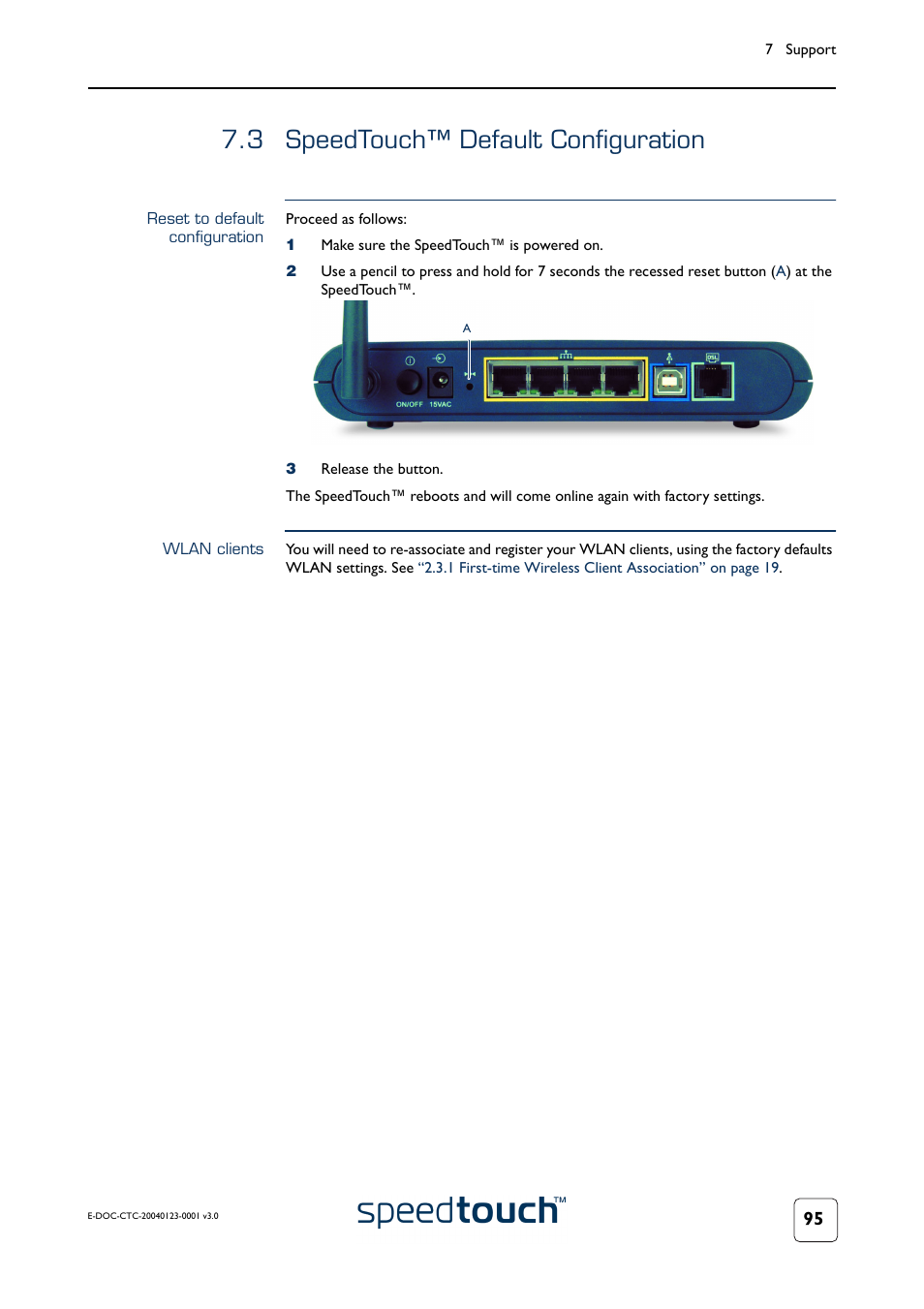 3 speedtouch™ default configuration, Reset to default configuration, Wlan clients | Speedtouch™ default configuration | RCA 580 User Manual | Page 97 / 104