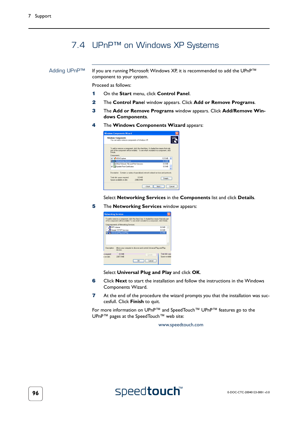 4 upnp™ on windows xp systems, Adding upnp, Upnp™ on windows xp systems | 4 upnp™ on windows xp systems” on | RCA 580 User Manual | Page 98 / 104