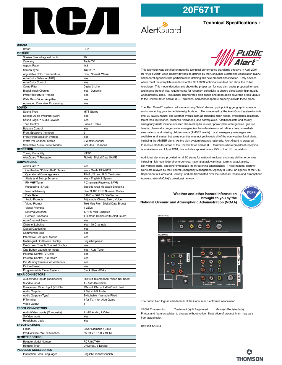 Technical specifications | RCA TruFlat 20F671T User Manual | Page 2 / 2