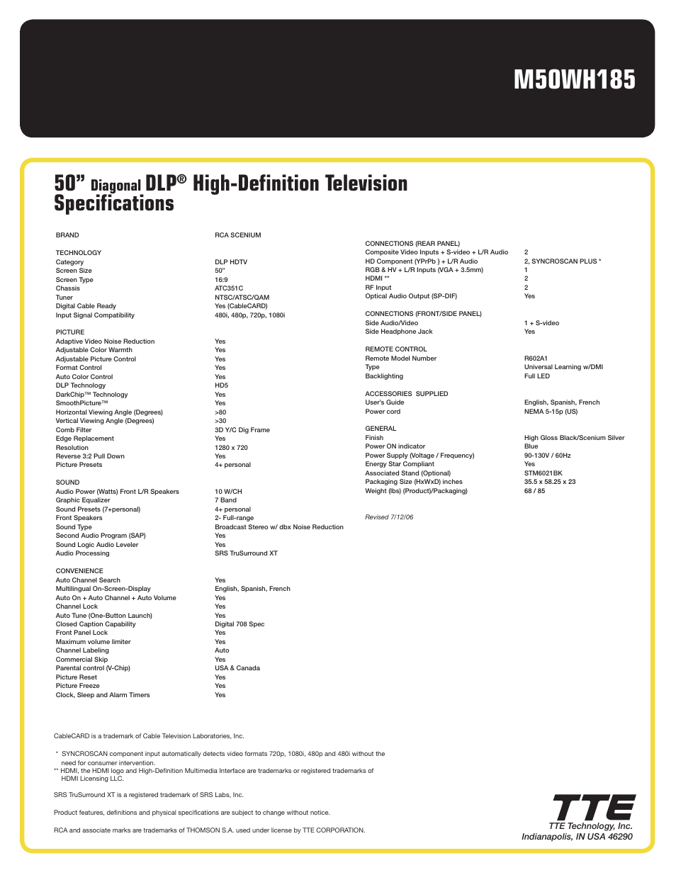 High-definition television specifications, Diagonal | RCA M50WH185 User Manual | Page 2 / 2