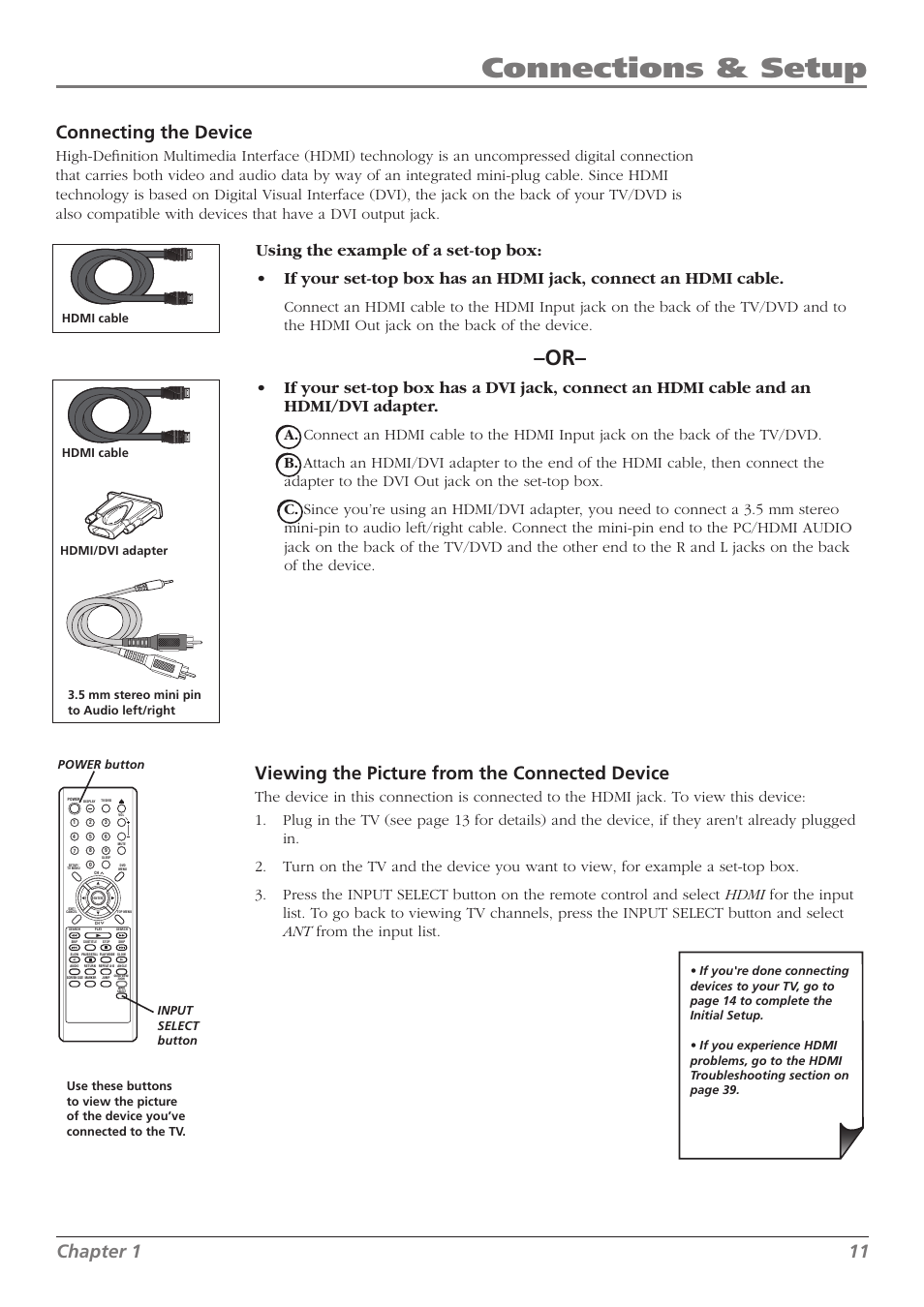 Connections & setup, Chapter 1 11, Connecting the device | Viewing the picture from the connected device | RCA L32WD26D User Manual | Page 11 / 44