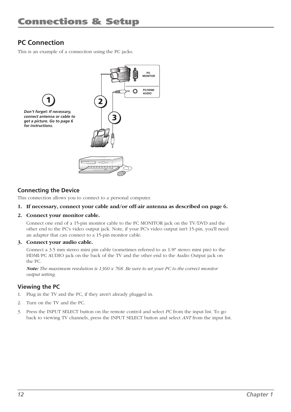 Connections & setup, Pc connection | RCA L32WD26D User Manual | Page 12 / 44