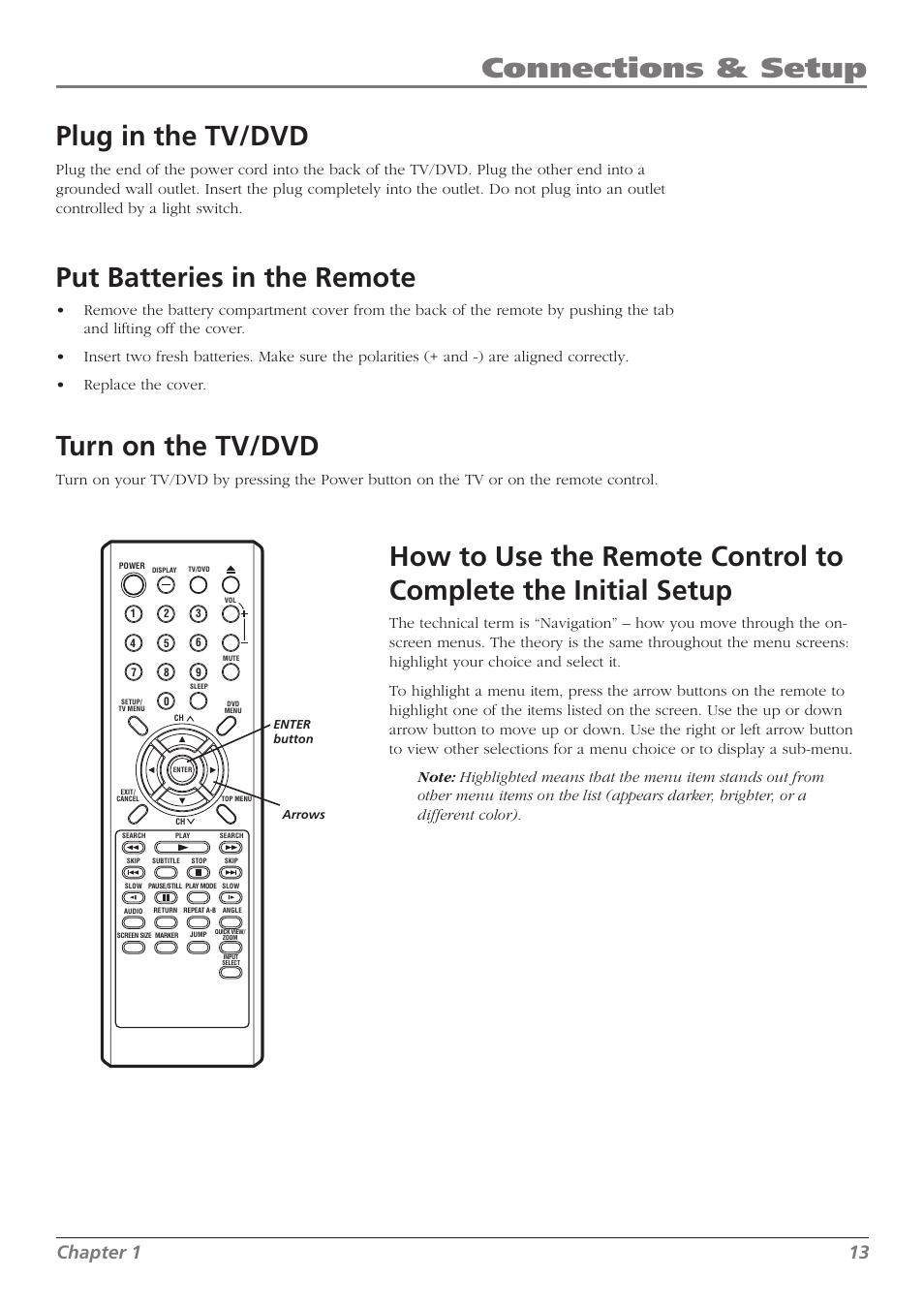 Connections & setup, Plug in the tv/dvd, Put batteries in the remote | Turn on the tv/dvd, Chapter 1 13 | RCA L32WD26D User Manual | Page 13 / 44