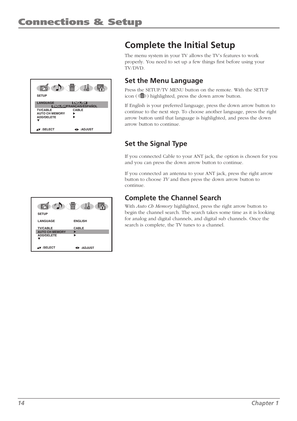 Connections & setup complete the initial setup, Set the menu language, Set the signal type | Complete the channel search, 14 chapter 1 | RCA L32WD26D User Manual | Page 14 / 44