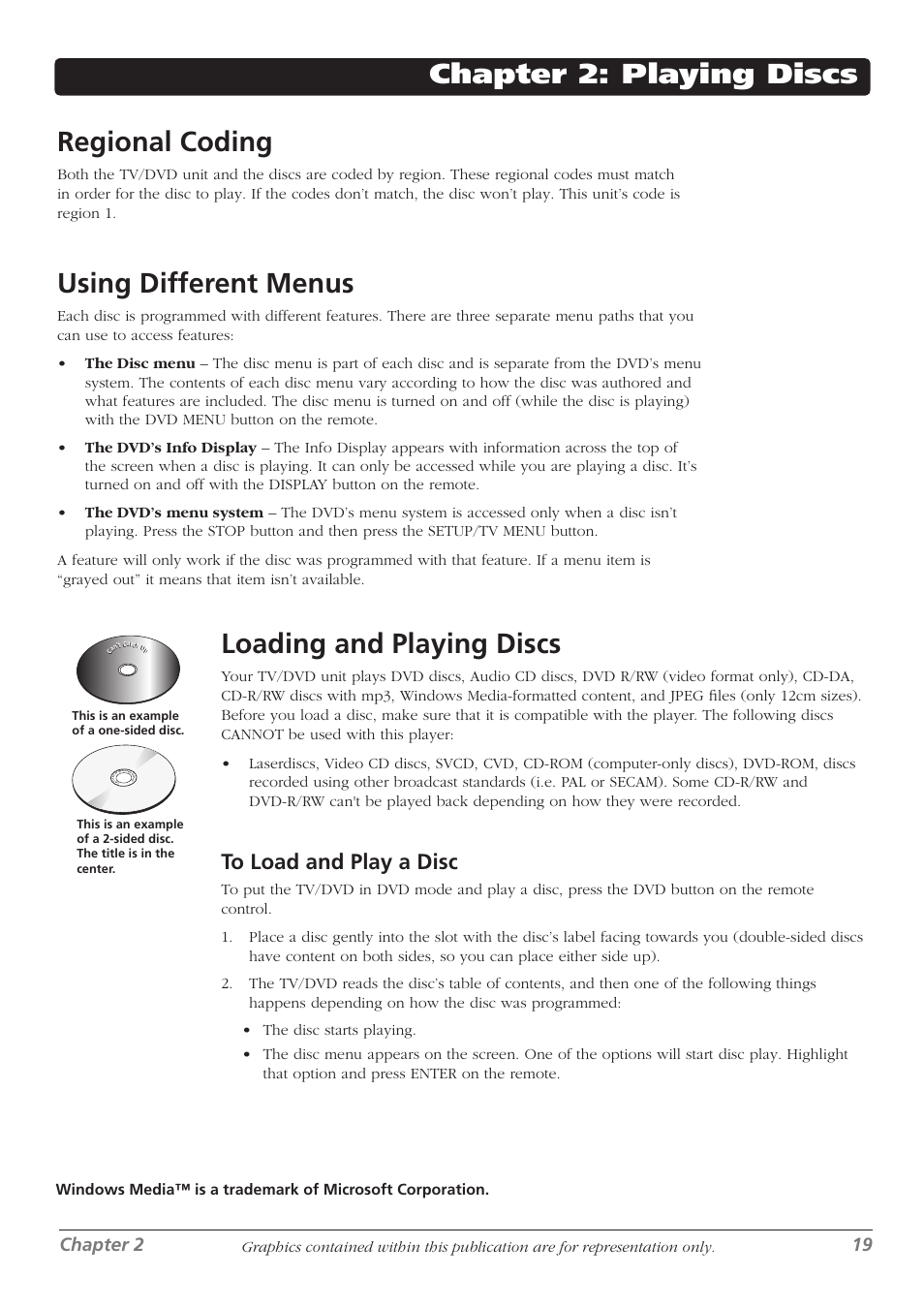 Chapter 2: playing discs regional coding, Using different menus, Loading and playing discs | Chapter 2 19 | RCA L32WD26D User Manual | Page 19 / 44