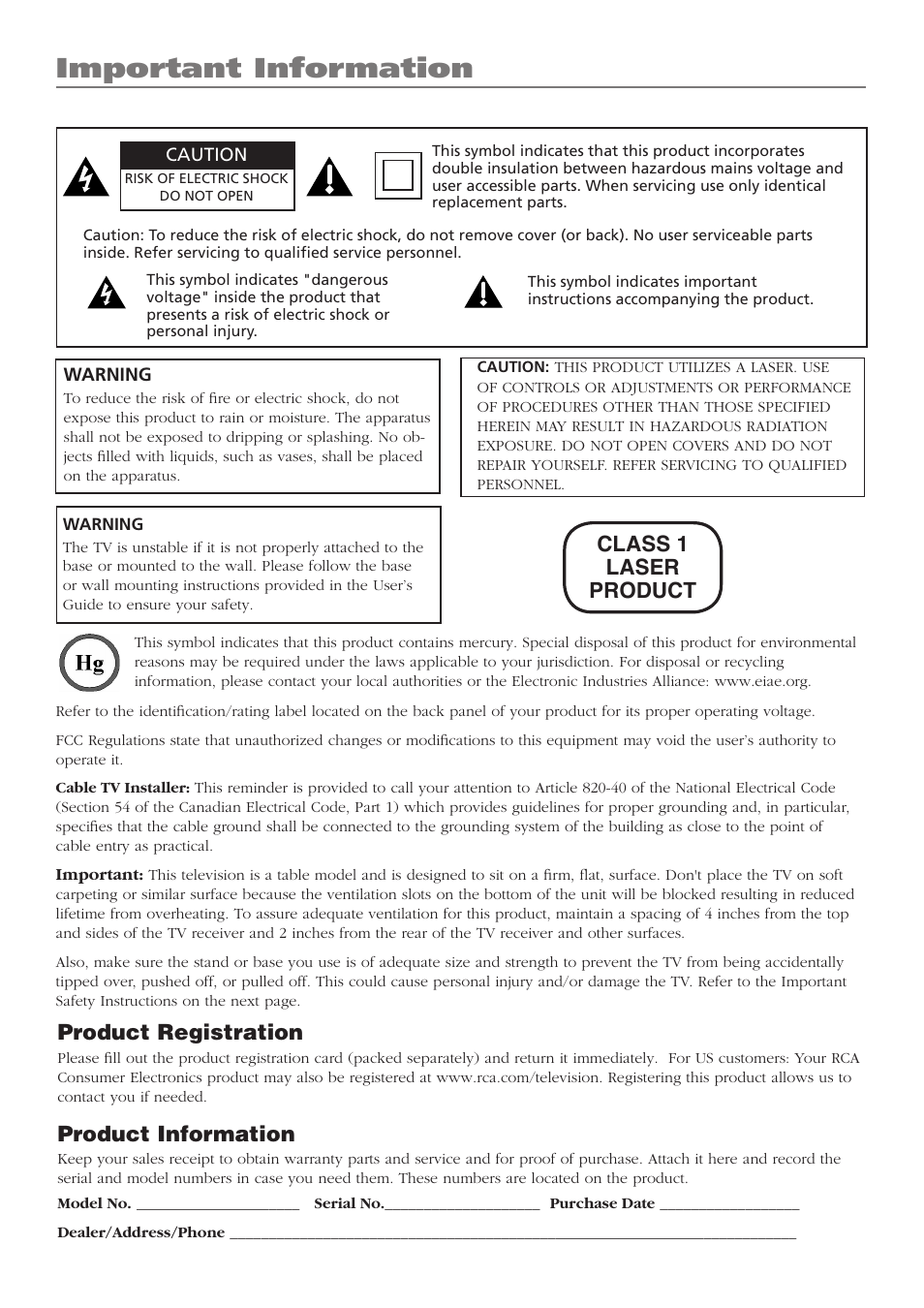 Important information, Product registration, Product information | Class 1 laser product | RCA L32WD26D User Manual | Page 2 / 44