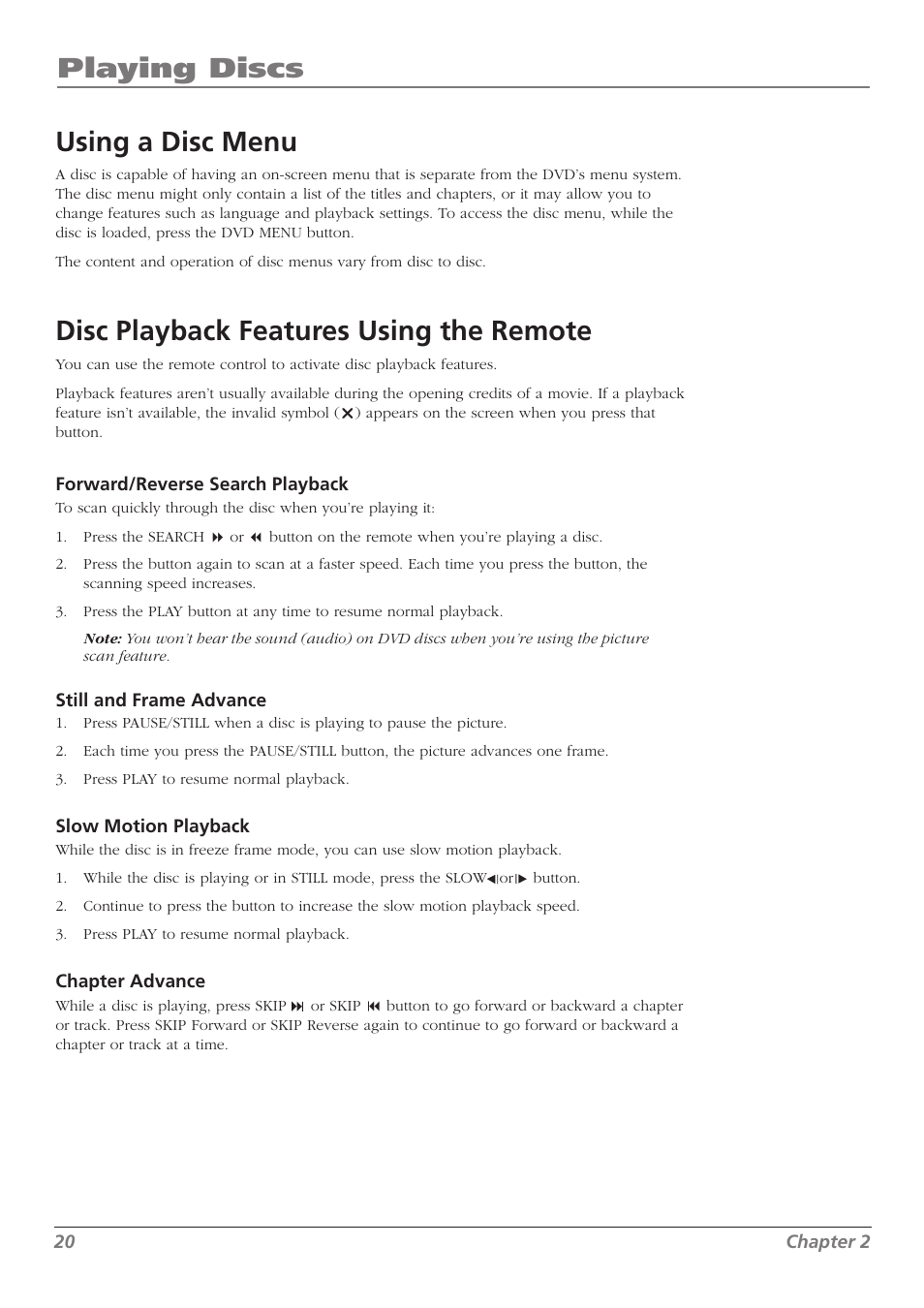 Playing discs, Using a disc menu, Disc playback features using the remote | RCA L32WD26D User Manual | Page 20 / 44