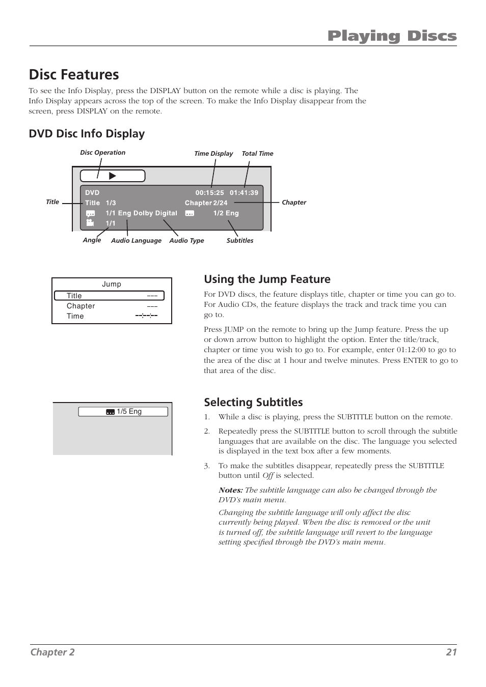 Playing discs disc features, Dvd disc info display, Using the jump feature | Selecting subtitles | RCA L32WD26D User Manual | Page 21 / 44