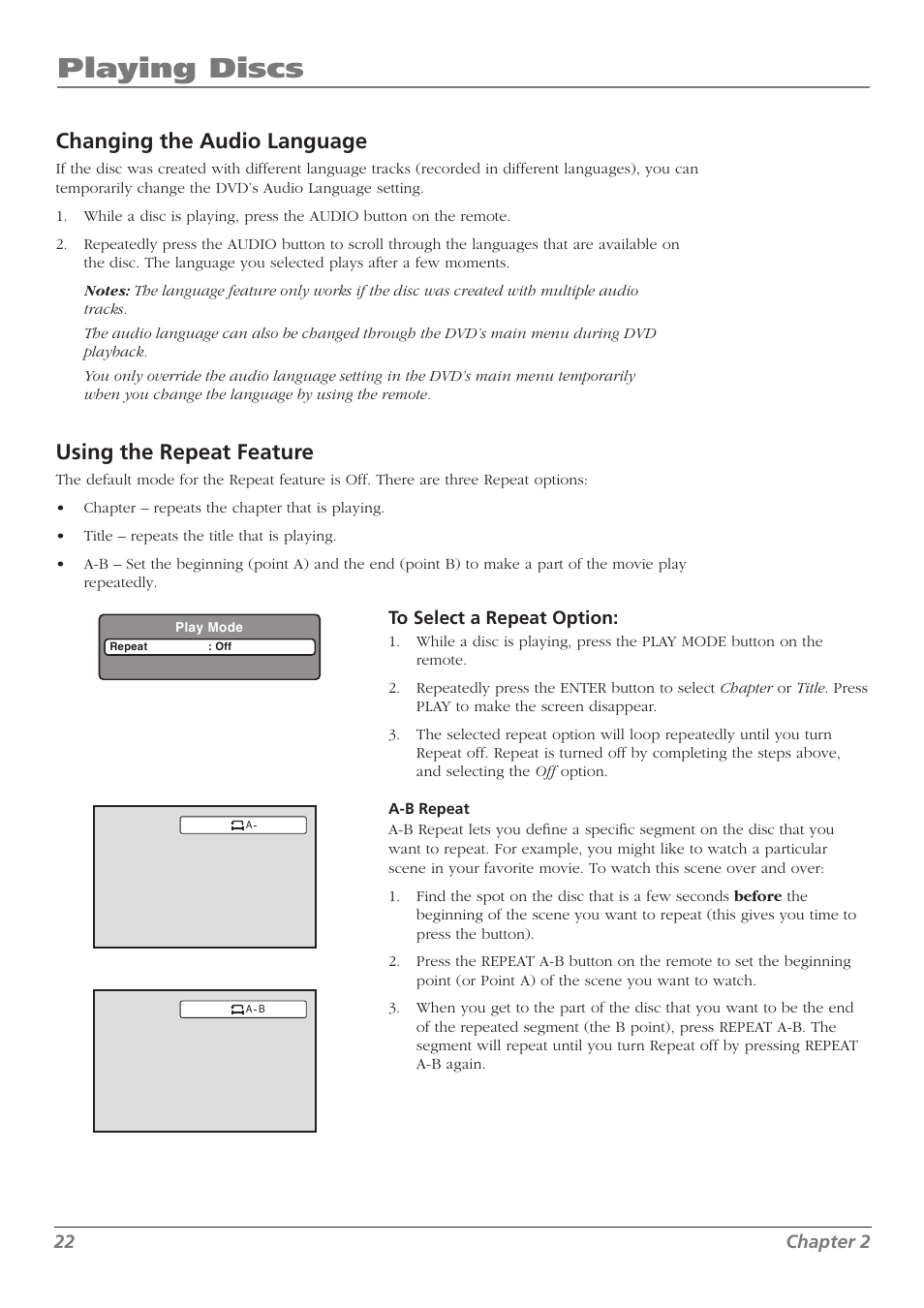 Playing discs, Changing the audio language, Using the repeat feature | RCA L32WD26D User Manual | Page 22 / 44