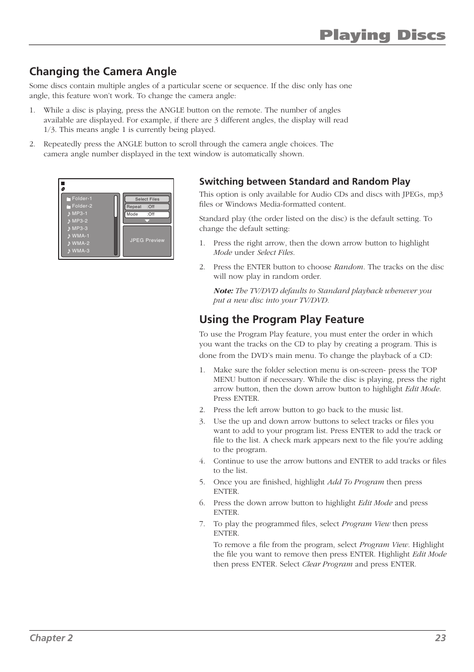 Playing discs, Changing the camera angle, Using the program play feature | Chapter 2 23, Switching between standard and random play | RCA L32WD26D User Manual | Page 23 / 44