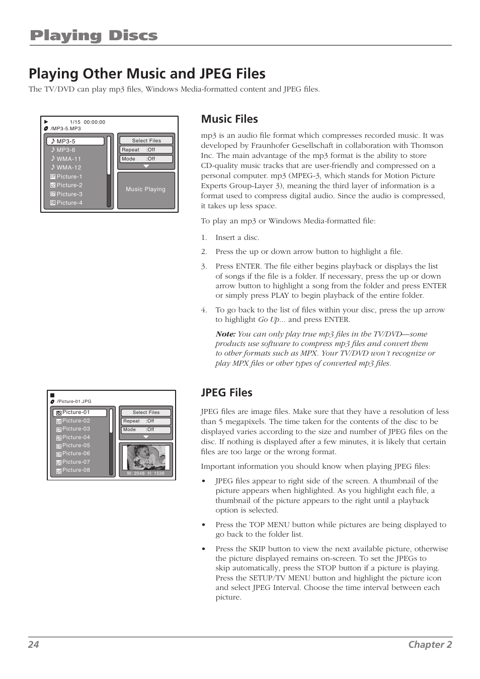 Playing discs, Playing other music and jpeg files, Music files | Jpeg files, 24 chapter 2 | RCA L32WD26D User Manual | Page 24 / 44