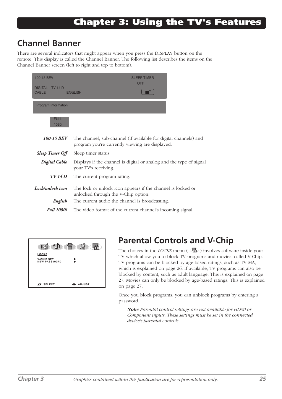 Chapter 3: using the tv's features channel banner, Parental controls and v-chip, Chapter 3 25 | RCA L32WD26D User Manual | Page 25 / 44