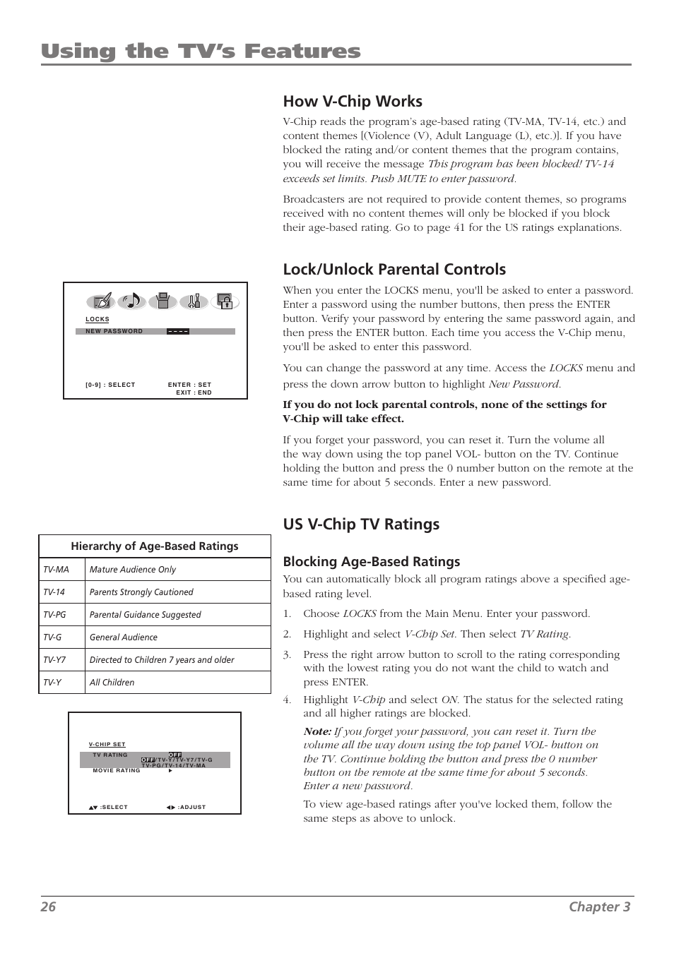 Using the tv’s features, How v- chip works, Lock/unlock parental controls | Us v-chip tv ratings, 26 chapter 3, Blocking age-based ratings | RCA L32WD26D User Manual | Page 26 / 44