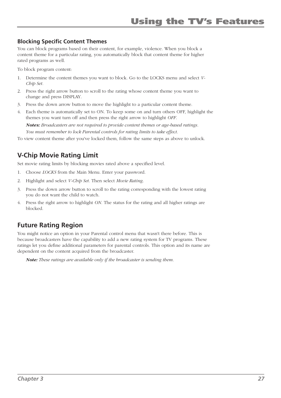 Using the tv’s features, V-chip movie rating limit, Future rating region | RCA L32WD26D User Manual | Page 27 / 44