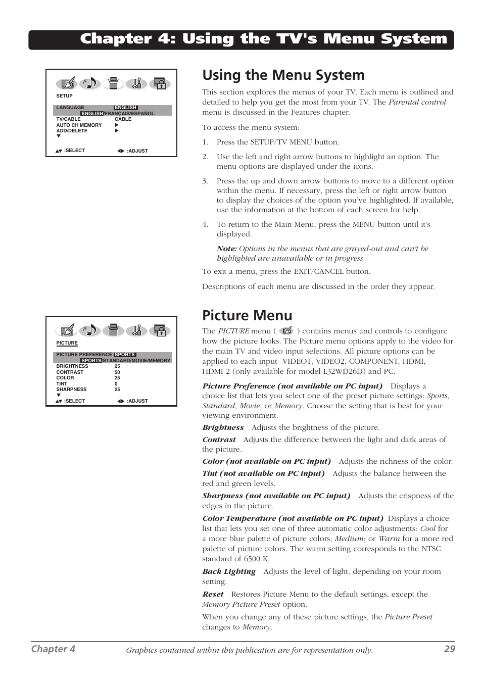 Picture menu, Chapter 4 29 | RCA L32WD26D User Manual | Page 29 / 44