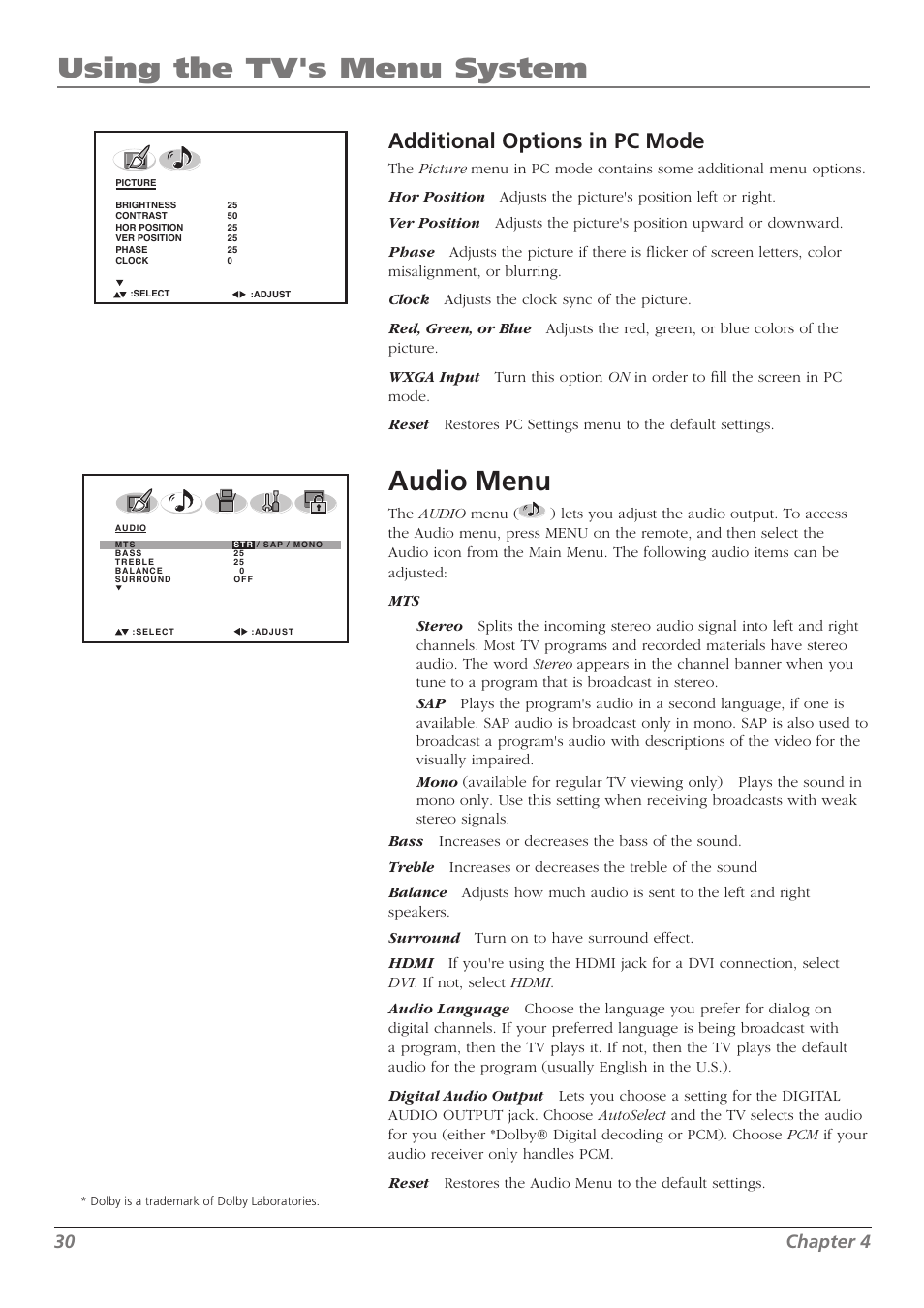 Using the tv's menu system, Audio menu, Additional options in pc mode | 30 chapter 4 | RCA L32WD26D User Manual | Page 30 / 44