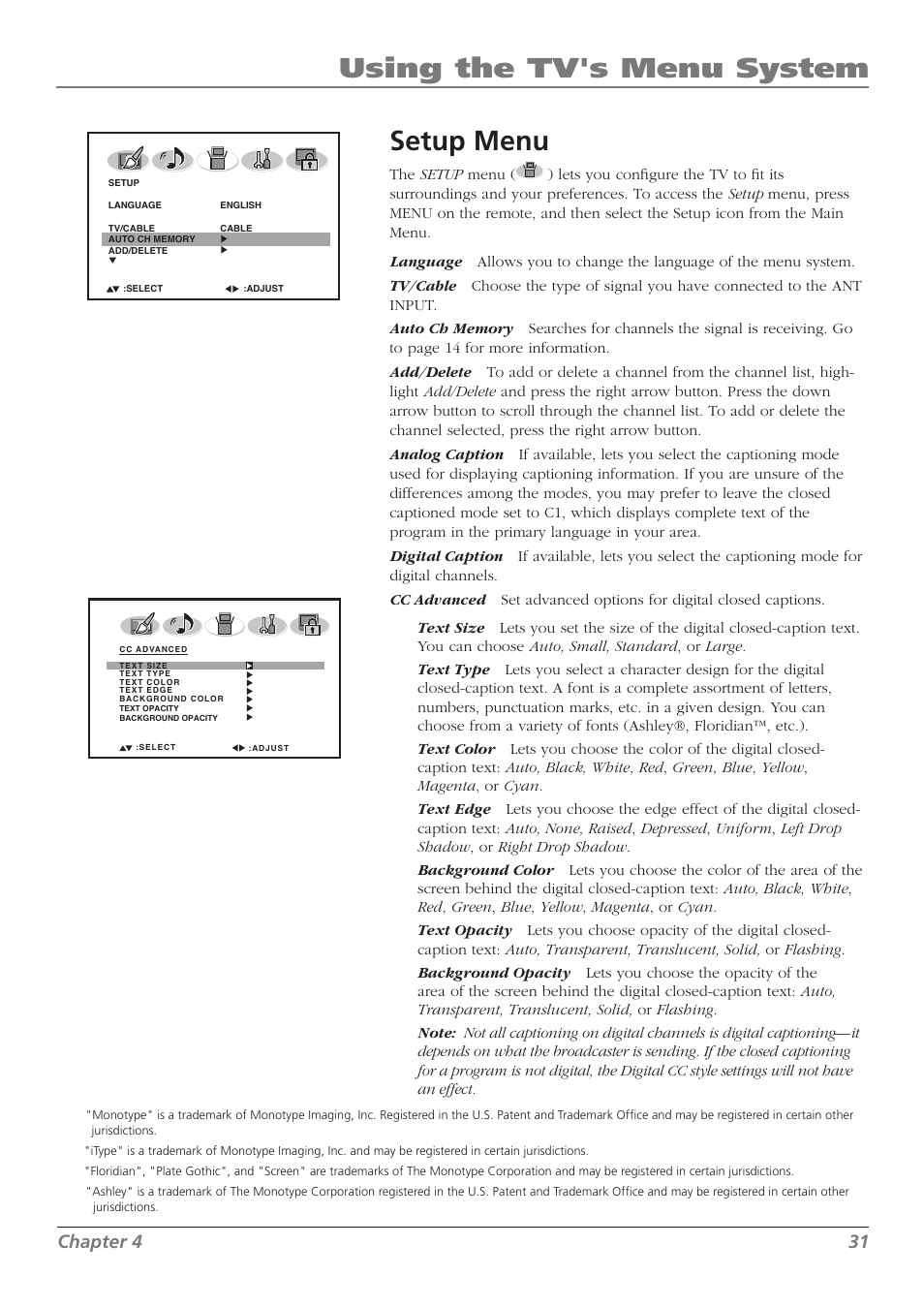 Using the tv's menu system setup menu, Chapter 4 31 | RCA L32WD26D User Manual | Page 31 / 44