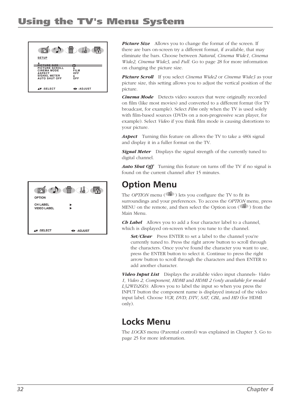 Using the tv's menu system, Option menu, Locks menu | 32 chapter 4 | RCA L32WD26D User Manual | Page 32 / 44