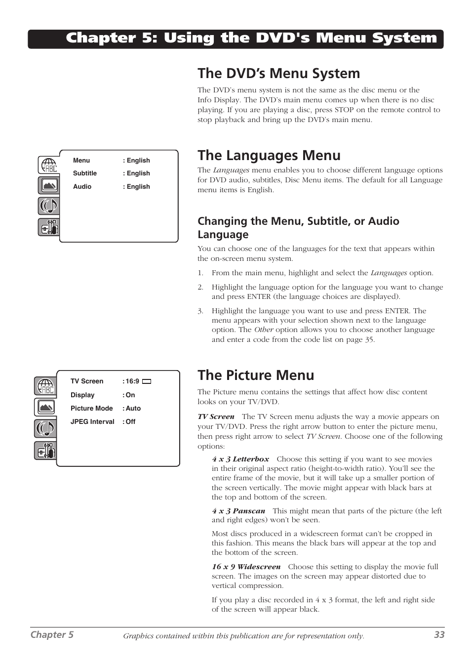 The languages menu, The picture menu, Changing the menu, subtitle, or audio language | RCA L32WD26D User Manual | Page 33 / 44