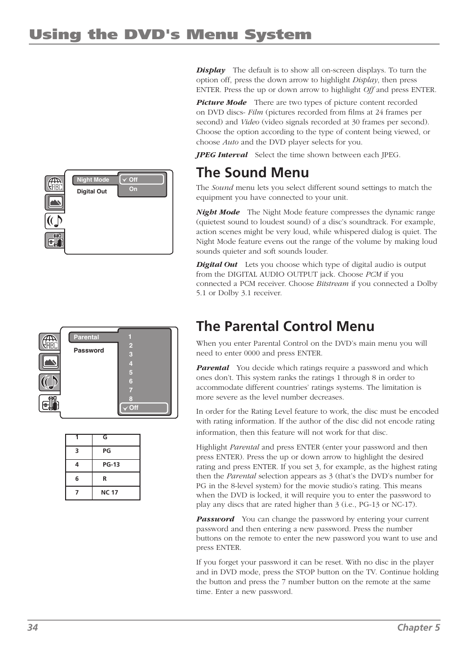 Using the dvd's menu system, The sound menu, The parental control menu | 34 chapter 5 | RCA L32WD26D User Manual | Page 34 / 44