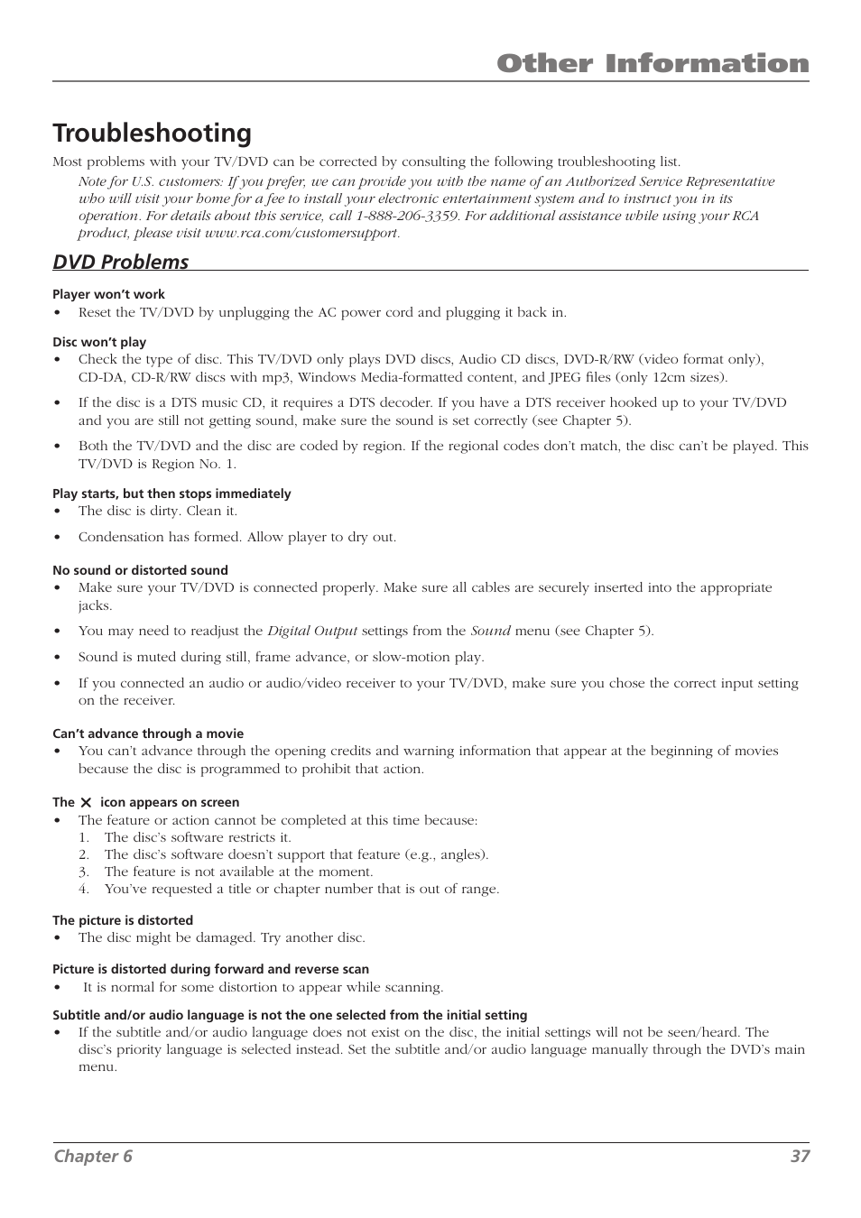 Other information troubleshooting, Dvd problems | RCA L32WD26D User Manual | Page 37 / 44