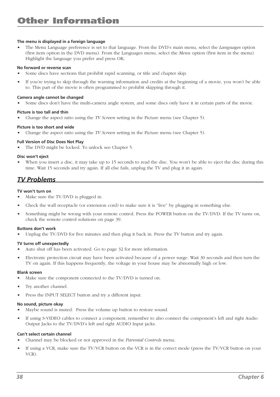 Other information, Tv problems | RCA L32WD26D User Manual | Page 38 / 44