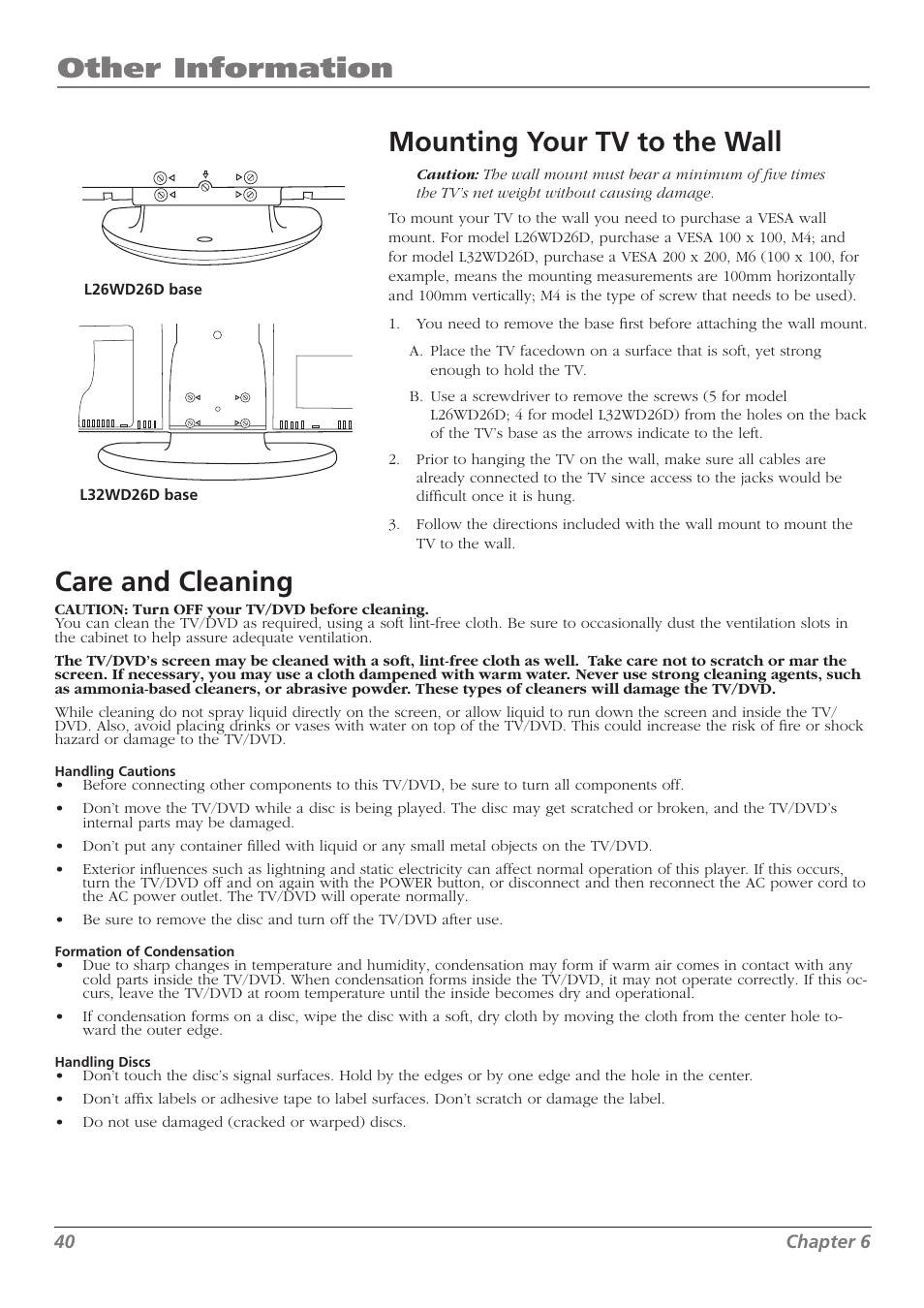 Other information, Mounting your tv to the wall, Care and cleaning | RCA L32WD26D User Manual | Page 40 / 44