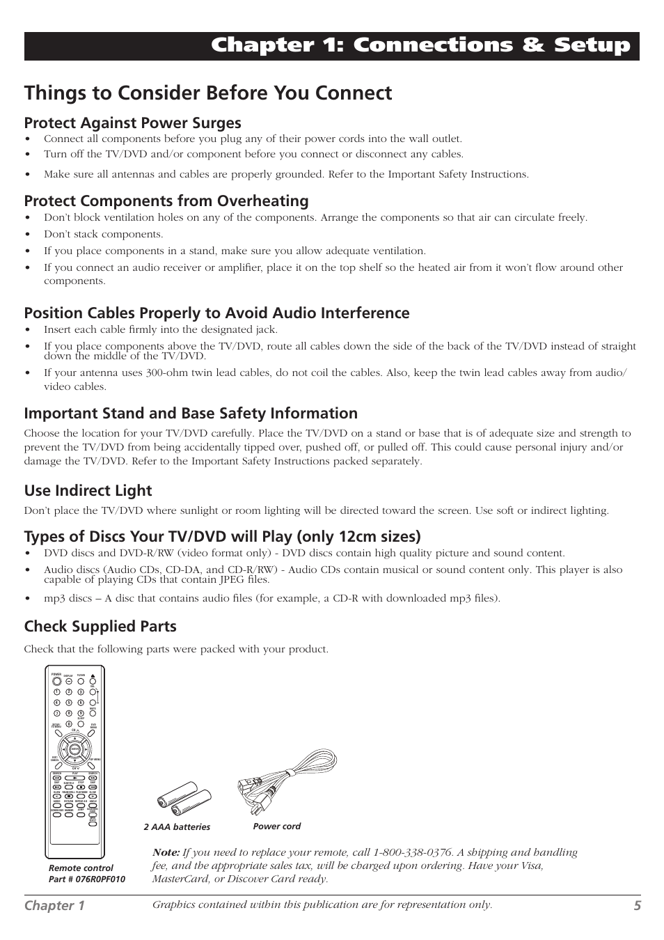 Protect against power surges, Protect components from overheating, Important stand and base safety information | Use indirect light, Check supplied parts, Chapter 1 5 | RCA L32WD26D User Manual | Page 5 / 44