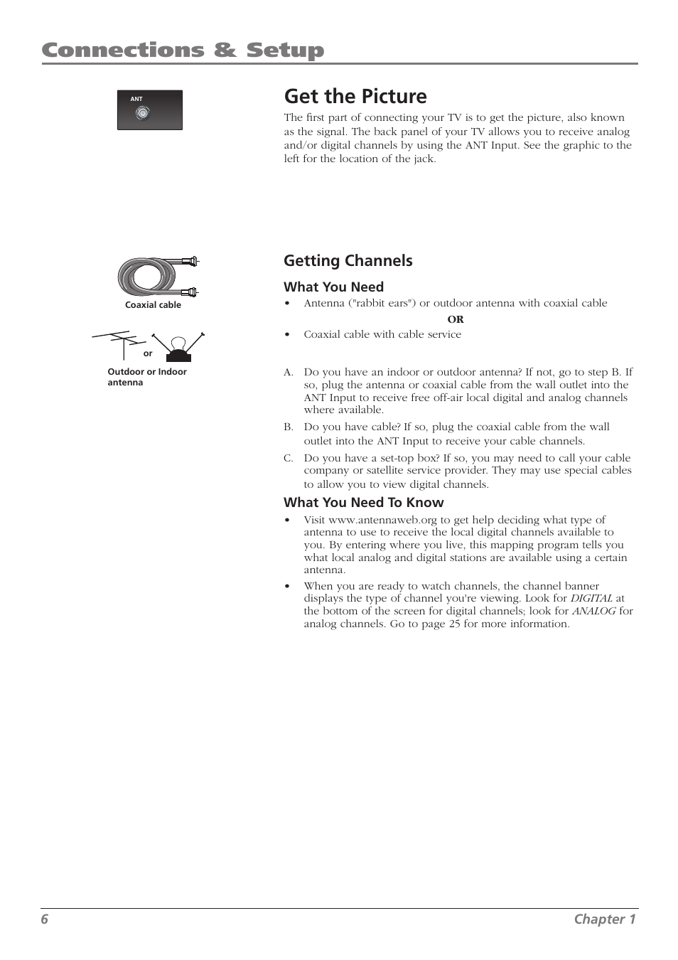 Connections & setup get the picture, Getting channels | RCA L32WD26D User Manual | Page 6 / 44