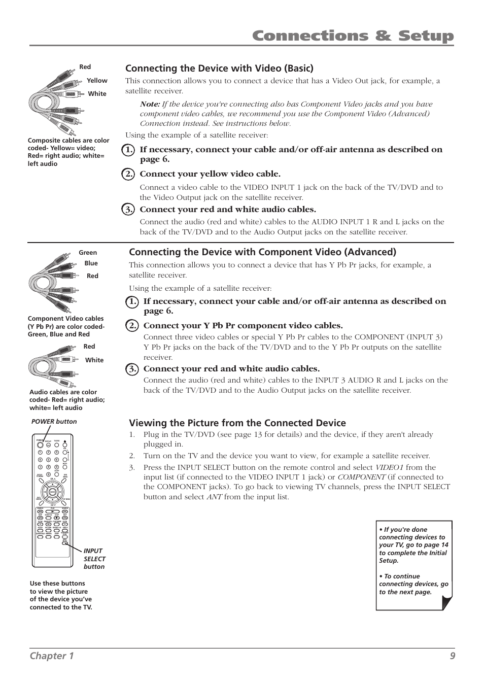 Connections & setup, Chapter 1 9, Connecting the device with video (basic) | Viewing the picture from the connected device, Connect your y pb pr component video cables, Connect your red and white audio cables | RCA L32WD26D User Manual | Page 9 / 44