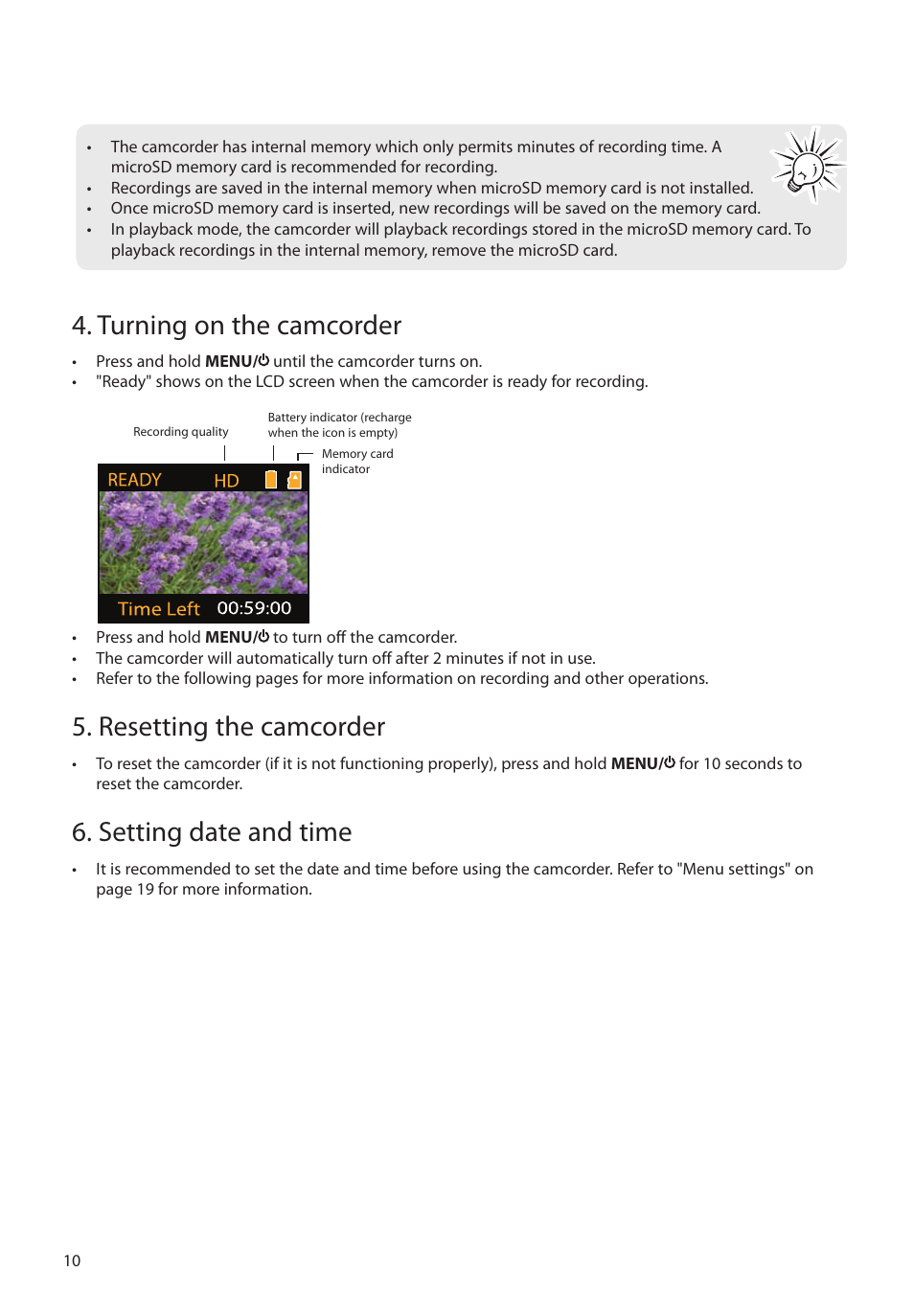 Turning on the camcorder, Resetting the camcorder, Setting date and time | RCA EZ4000RD User Manual | Page 11 / 32