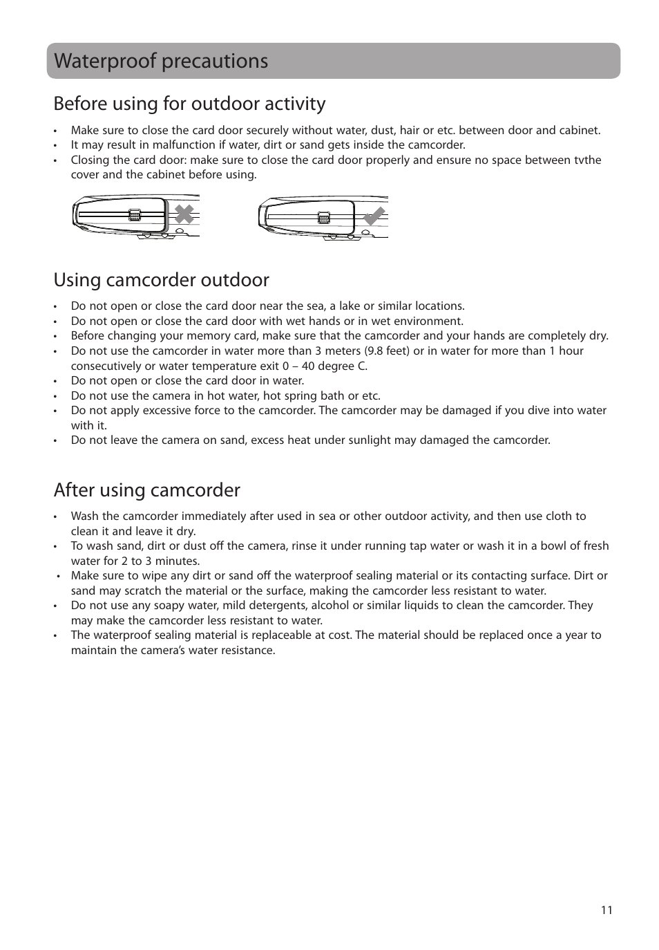 Waterproof precautions, Before using for outdoor activity, Using camcorder outdoor | After using camcorder | RCA EZ4000RD User Manual | Page 12 / 32