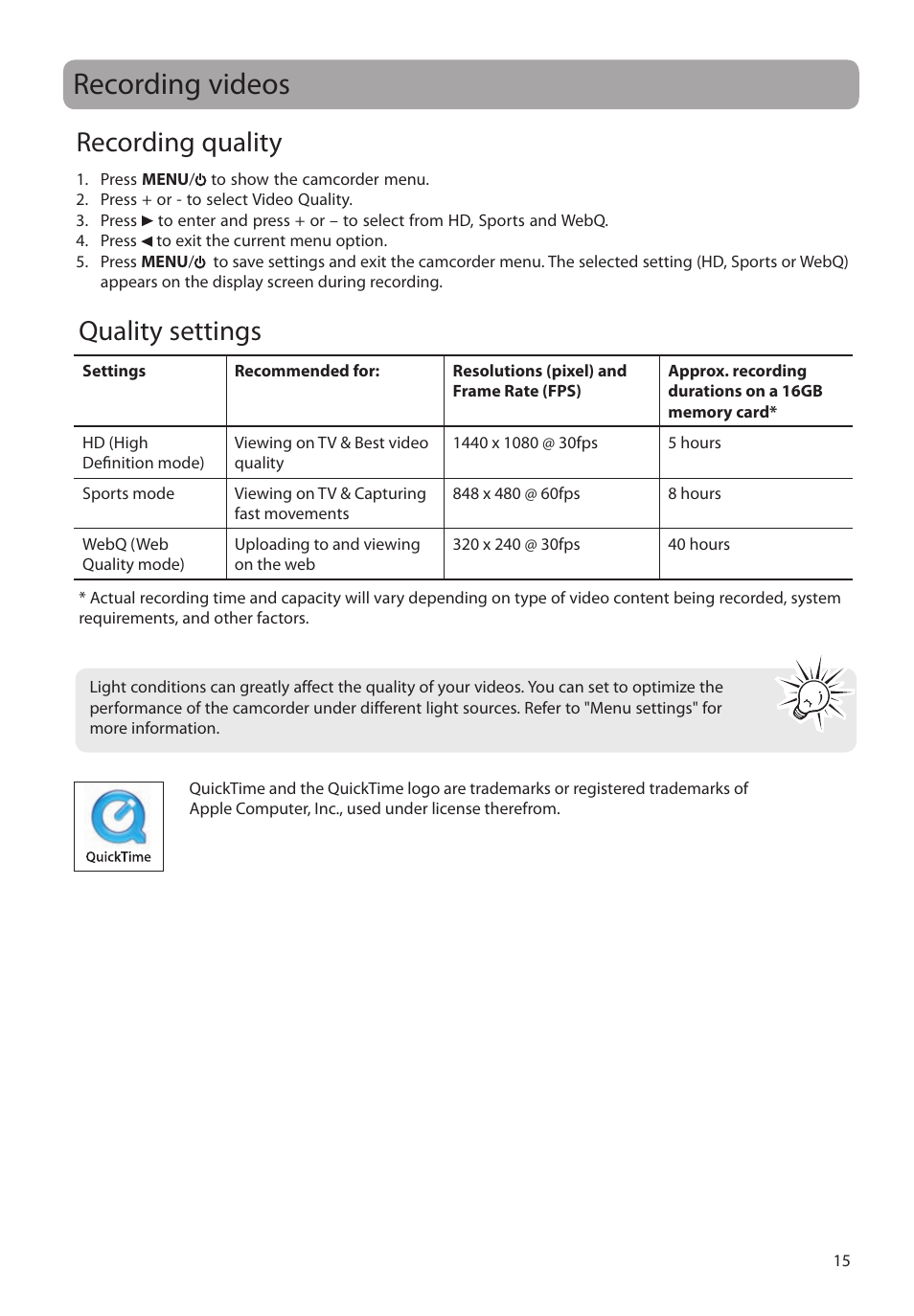 Recording videos, Recording quality, Quality settings | RCA EZ4000RD User Manual | Page 16 / 32