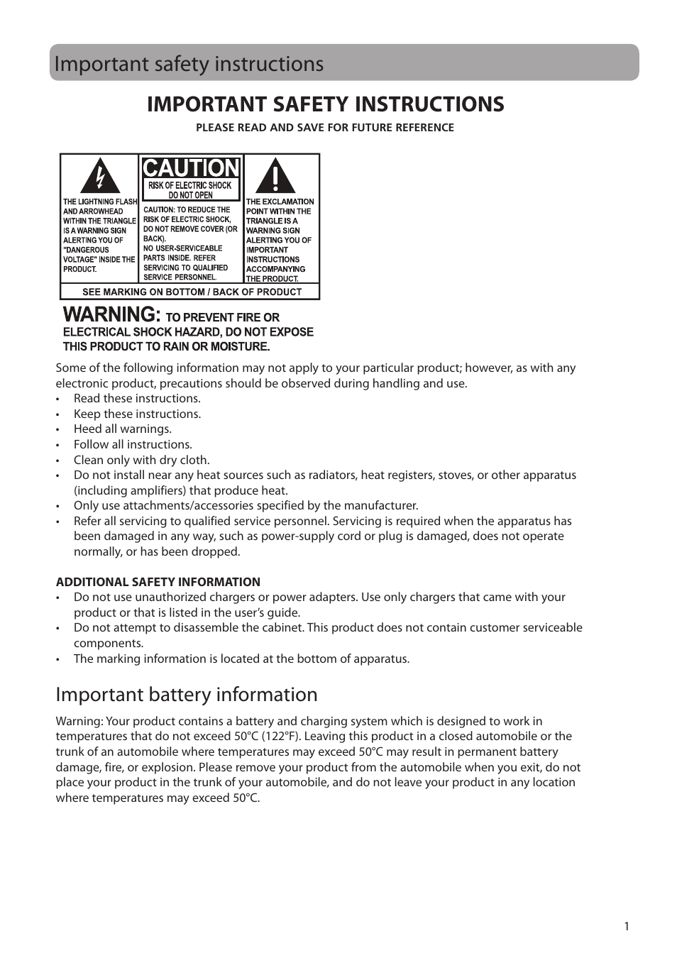 Important safety instructions, Important battery information | RCA EZ4000RD User Manual | Page 2 / 32