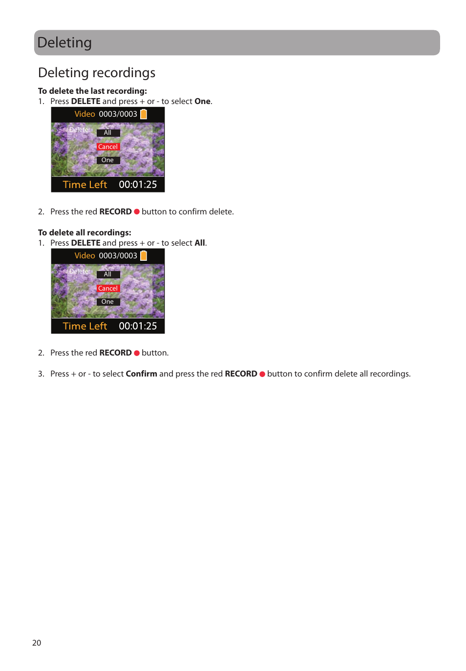 Deleting, Deleting recordings | RCA EZ4000RD User Manual | Page 21 / 32