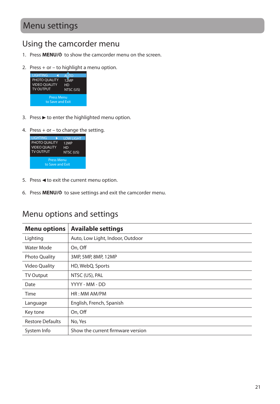 Menu settings, Using the camcorder menu, Menu options and settings | Menu options available settings | RCA EZ4000RD User Manual | Page 22 / 32