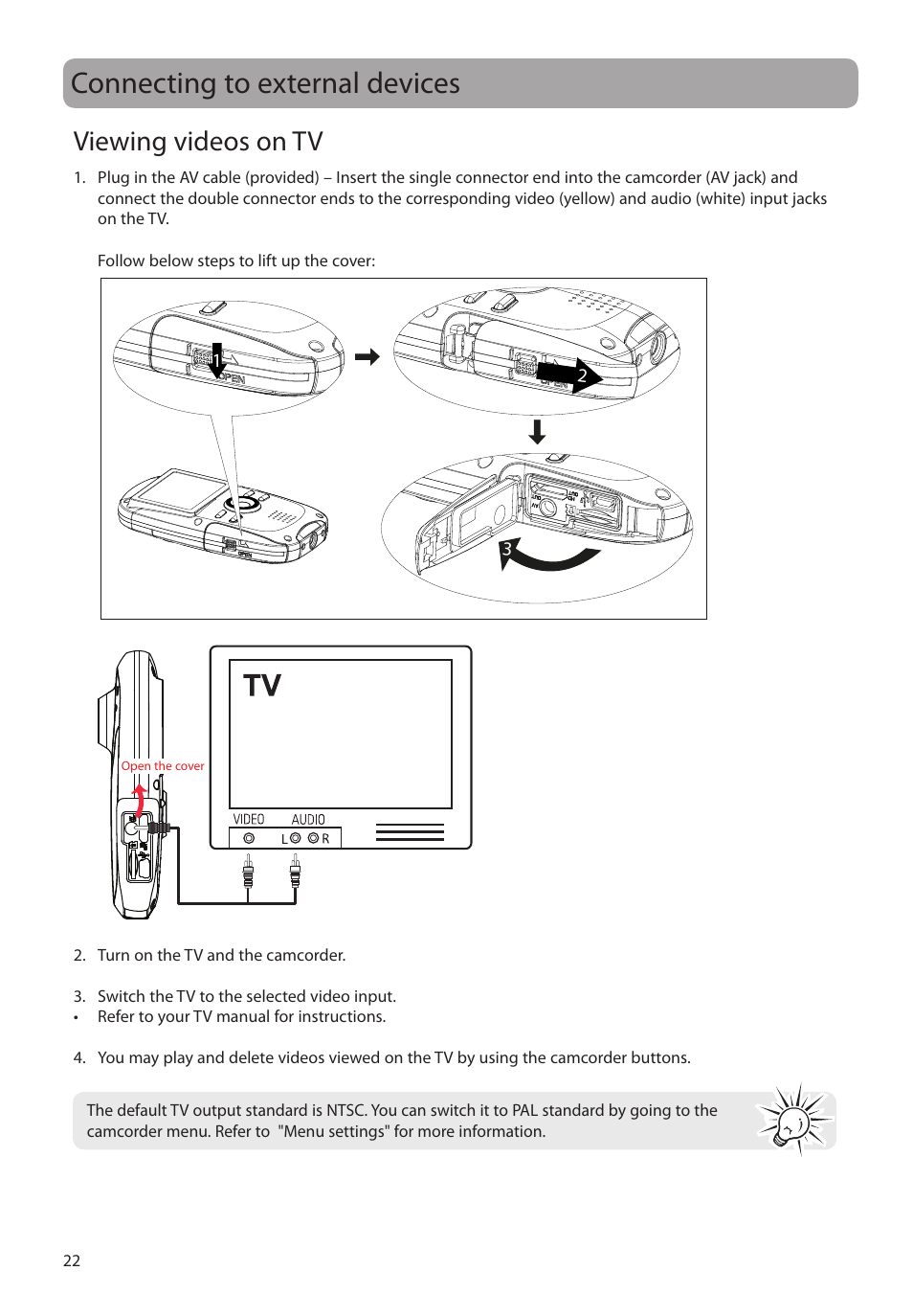 Connecting to external devices, Viewing videos on tv | RCA EZ4000RD User Manual | Page 23 / 32