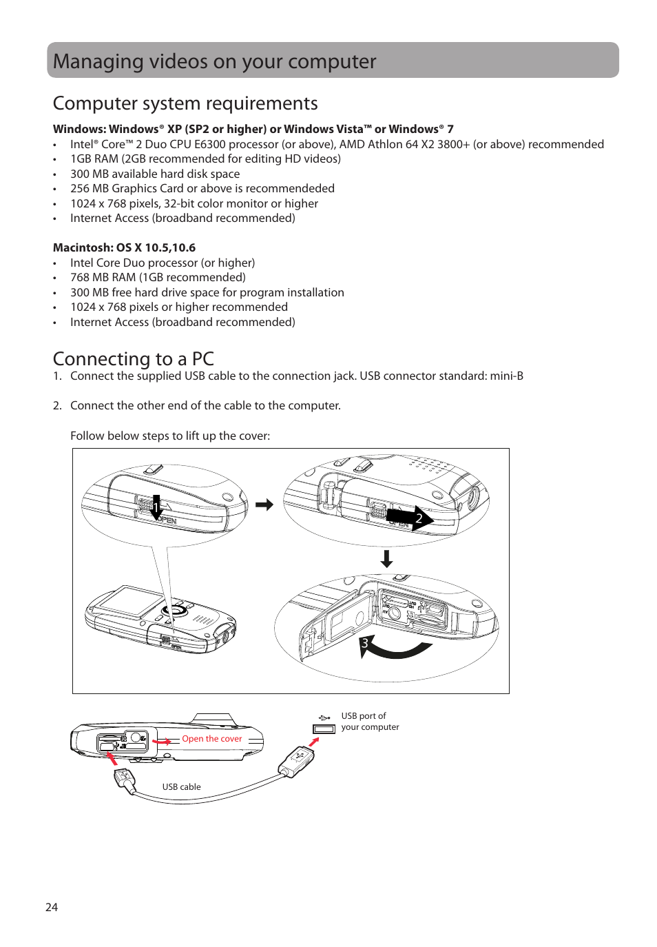 Managing videos on your computer, Computer system requirements, Connecting to a pc | RCA EZ4000RD User Manual | Page 25 / 32