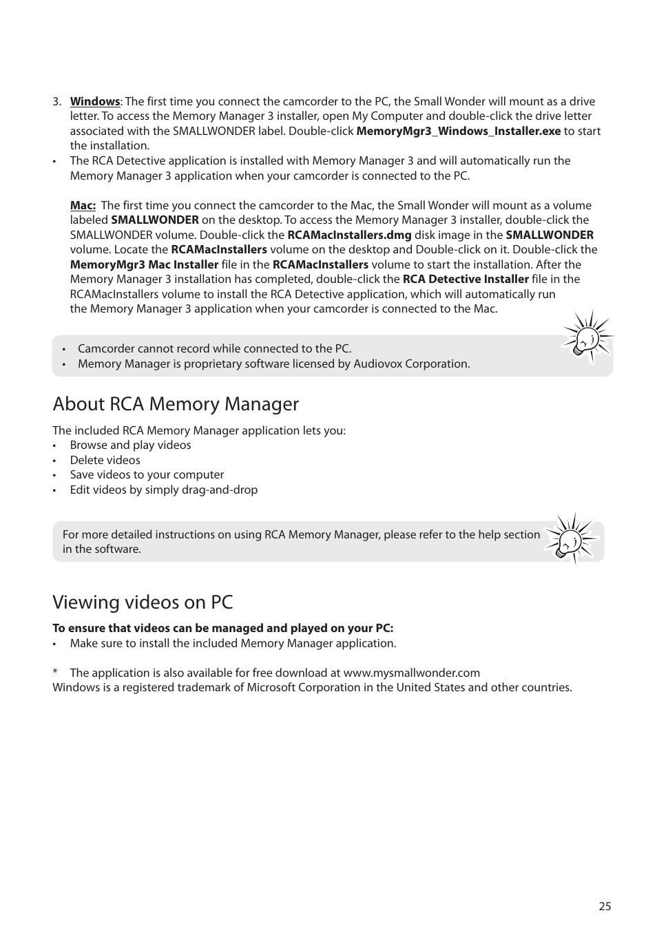 About rca memory manager, Viewing videos on pc | RCA EZ4000RD User Manual | Page 26 / 32