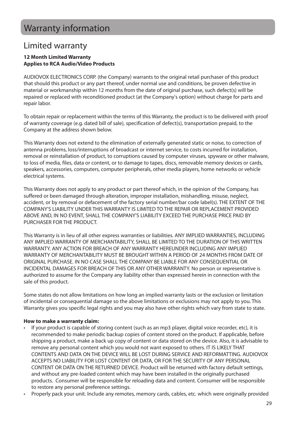 Warranty information, Limited warranty | RCA EZ4000RD User Manual | Page 30 / 32