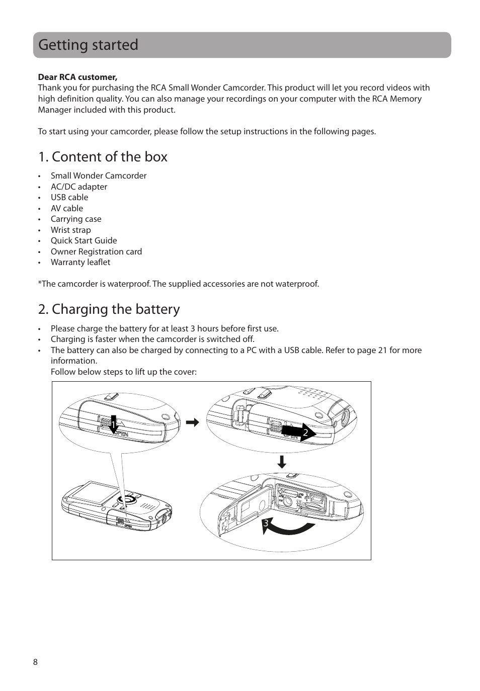 Getting started, Content of the box, Charging the battery | RCA EZ4000RD User Manual | Page 9 / 32