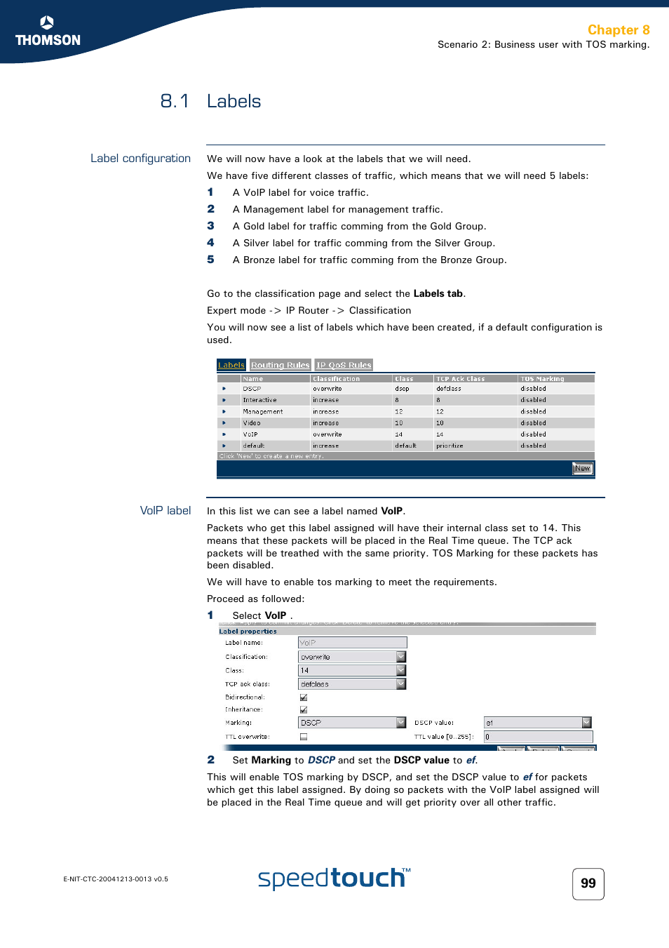 1 labels, Label configuration, Voip label | Labels, Chapter 8 | RCA THOMSON SpeedTouchTM (Wireless) Business DSL Router User Manual | Page 101 / 124