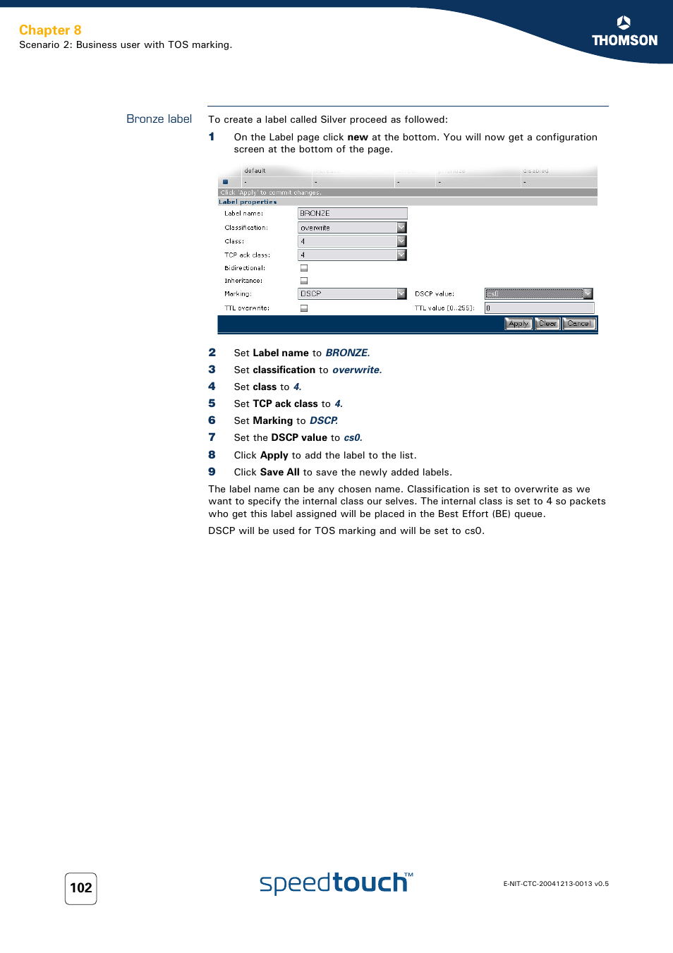 Bronze label, Chapter 8 | RCA THOMSON SpeedTouchTM (Wireless) Business DSL Router User Manual | Page 104 / 124