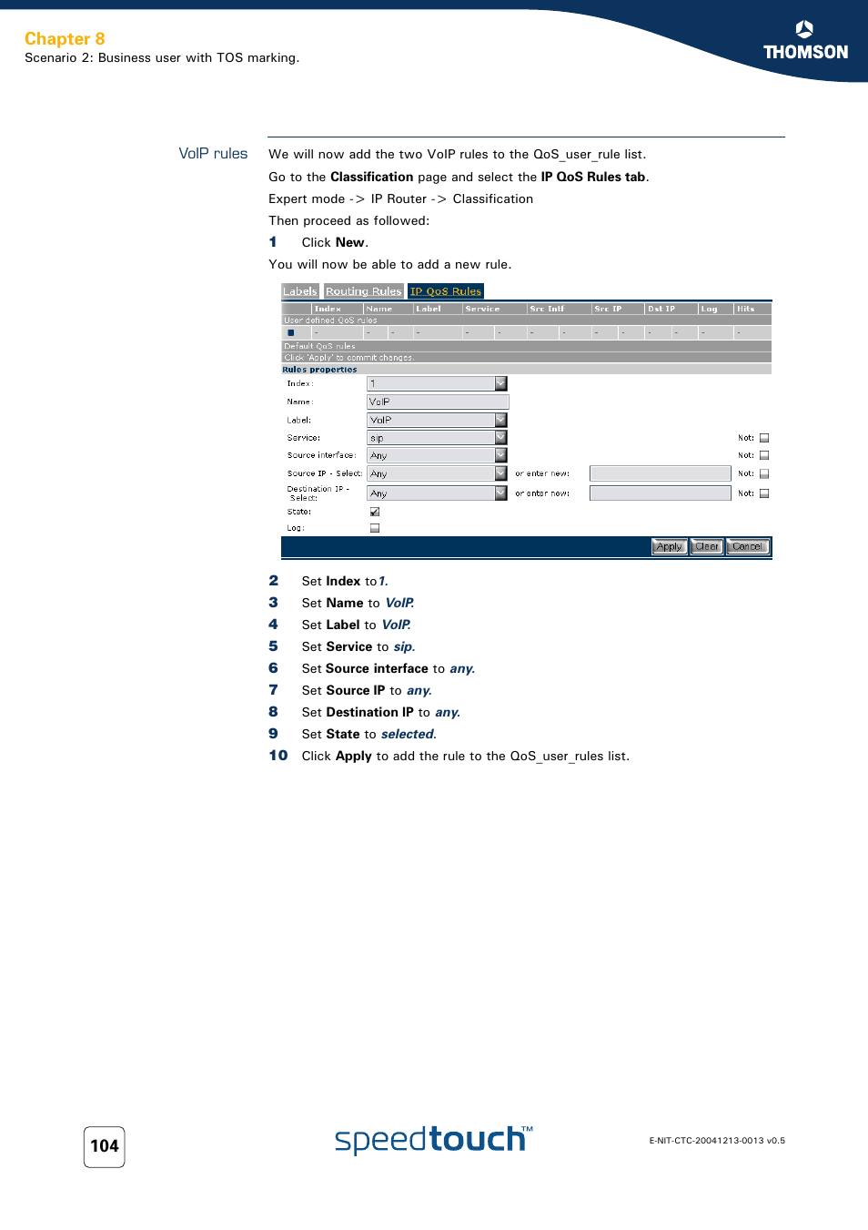 Voip rules, Chapter 8 | RCA THOMSON SpeedTouchTM (Wireless) Business DSL Router User Manual | Page 106 / 124