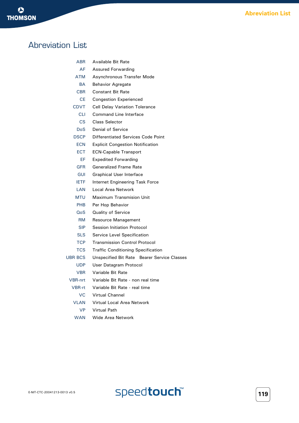 Abreviation list | RCA THOMSON SpeedTouchTM (Wireless) Business DSL Router User Manual | Page 121 / 124