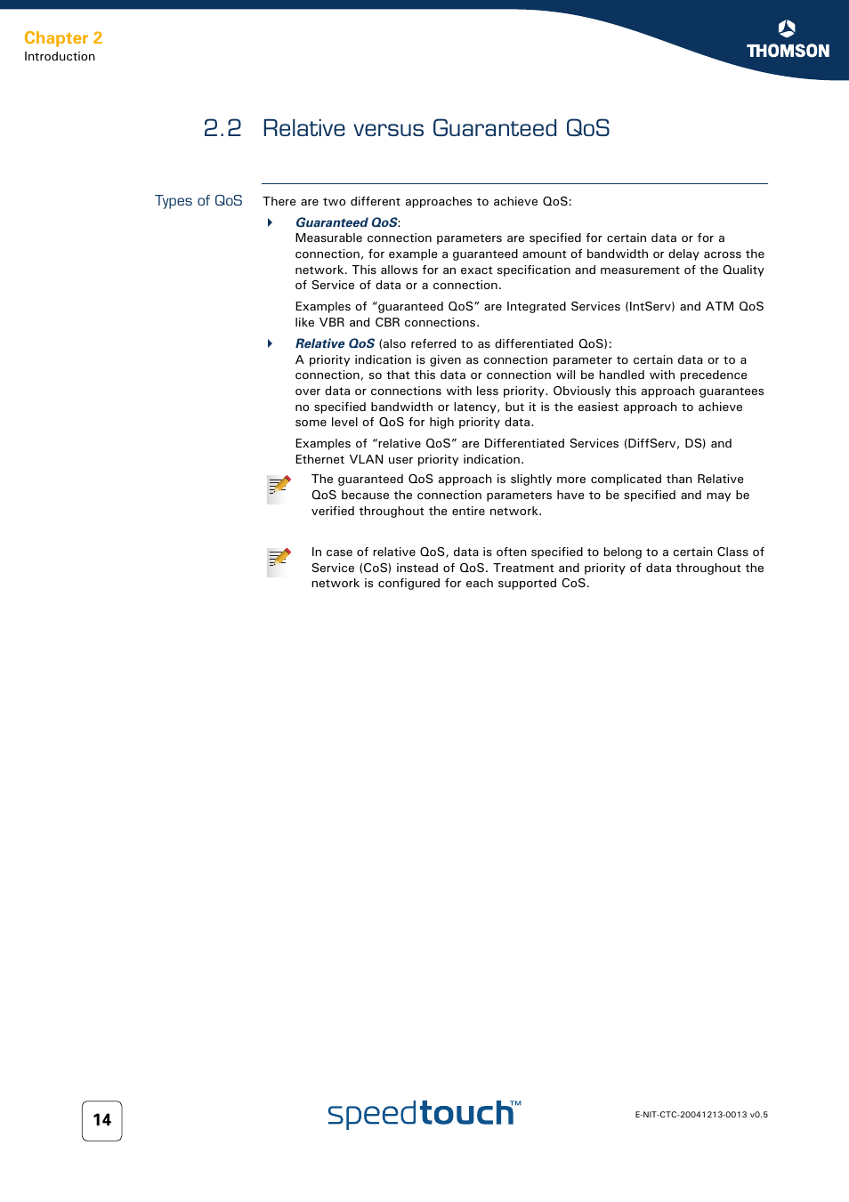 2 relative versus guaranteed qos, Types of qos, Relative versus guaranteed qos | Chapter 2 | RCA THOMSON SpeedTouchTM (Wireless) Business DSL Router User Manual | Page 16 / 124