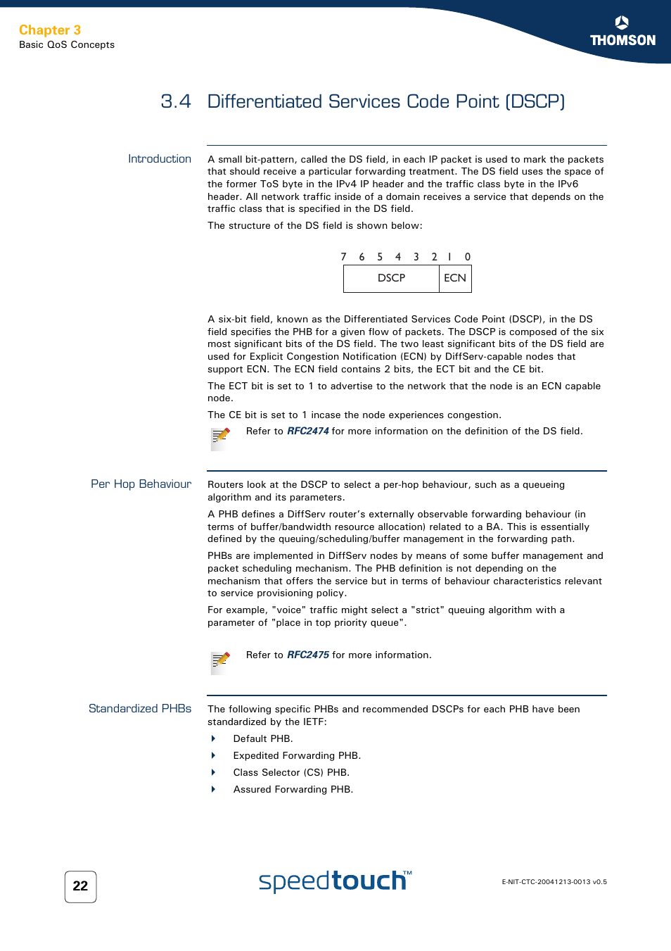 4 differentiated services code point (dscp), Introduction, Per hop behaviour | Standardized phbs, Differentiated services code point (dscp), Chapter 3 | RCA THOMSON SpeedTouchTM (Wireless) Business DSL Router User Manual | Page 24 / 124